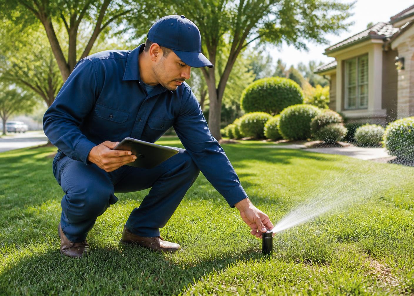 Service professional documenting a damaged sprinkler head in a lawn